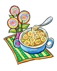 Illustration with dandelion jam. Stylized still life with flowers.