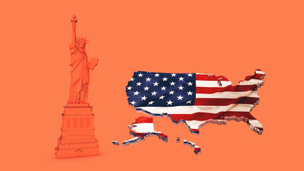 Orange of Liberty Set and us map, New York landmark, American symbol. 3D Render