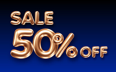 3d golden 50 percent discount sign on dark blue background. Sale banner template