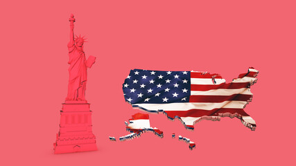 Pink of Liberty Set and us map, New York landmark, American symbol. 3D Render