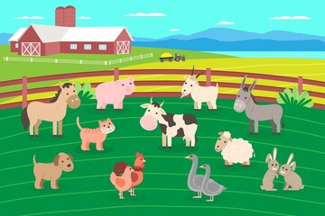 Obraz na płótnie Canvas Farm animals set. Cute cartoon pet and domestic animals collection: cow, horse, donkey, dog, pig, sheep, goat, cat, rabbit, rooster and chicken, goose. Vector illustration in cartoon flat style