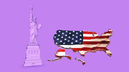 Purple of Liberty Set and us map, New York landmark, American symbol. 3D Render