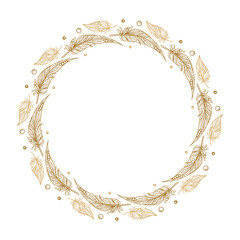 Vector round boho style frame. Feathers and beads card template.