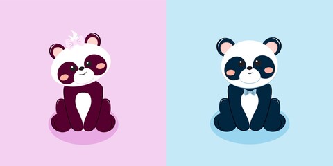 Obraz premium Panda bear baby boy and girl greeting card