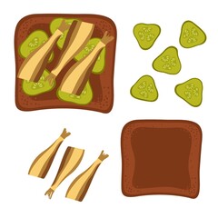 Pickles and Sprots Sandwich ingredients. Snack with small fish, bread, pickles. Overhead view of isolated Breakfast toast vector flat. For menu, cafe, restaurant, poster, banner, emblem, sticker