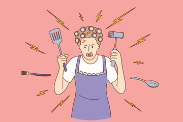 Crazy housewife at home concept. Young crazy angry woman cartoon character in apron cooking with cookware in hands over red background vector illustration 