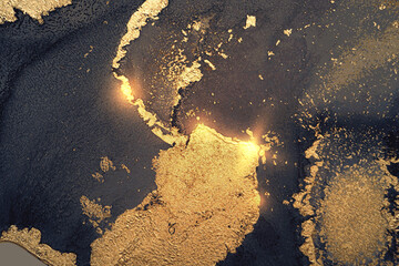 Dark gray, blue and gold abstract alcohol ink marble texture. Vector shining background with glitter. Template for banner, poster design. Fluid art painting