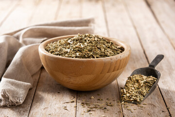 Traditional yerba mate tea in bowl on wooden table. typical Argentine drink	