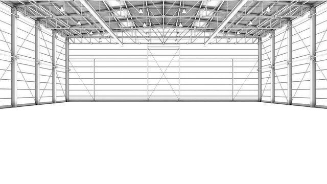 3d visualization: Empty steel production hall or high bay warehouse. The room is covered with a large span trapezoidal sheet, steel trusses are supported between the walls on pillars, a workplace.