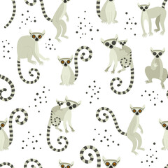 Seamless pattern with lemurs on a white background. Exotic cute animals of madagascar and africa. Vector illustration in flat style
