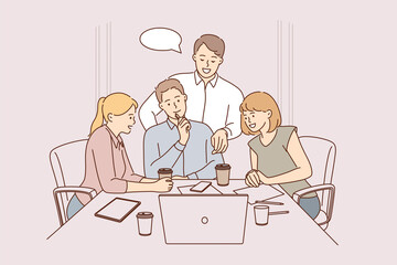 Team, brainstorm, collaboration concept. Group of young smiling people business partners workers colleagues sitting at laptop discussing corporate development in office vector illustration 