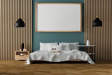 Modern bedroom interior with empty wooden frame on wall mockup
