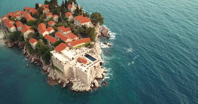 4K Footage Aerial View to the Saint Stephen (Sveti Stefan) Island on the Adriatic coast of Montenegro
