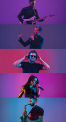 Portrait of group of people on multicolored background in neon light, collage.