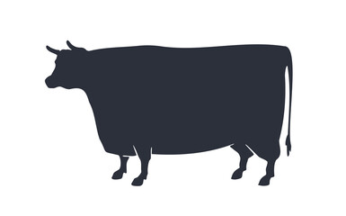 Cow or bull silhouette. Black and white isolated cow or bull silhouette. Vintage retro print for meat business, meat shop, restaurant menu. Logo, sign cow or bull for butchery. Vector Illustration