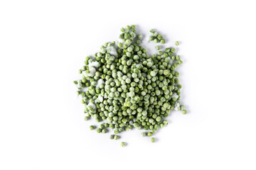 Frozen green peas isolated on white background. Top view