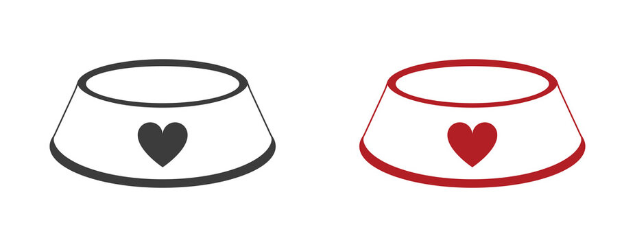 Dog, cat, animal or pet food bowls with heart. Vector illustration. Icon set. Web design.