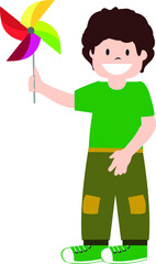 Vector Illustration of Children with Windmill, Kids, Students Happy, Boy