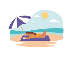 Woman in a swimsuit reading a book on the beach by the ocean. Summer time beach activity. Vector illustration cartoon flat style.