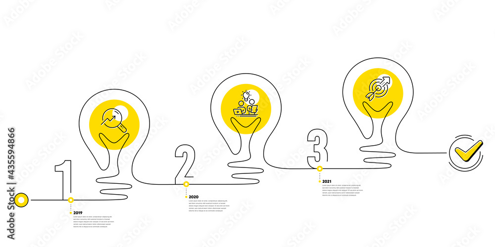 Poster continuous line timeline with lamp light bulbs and icons. 3 steps idea journey path of business proj