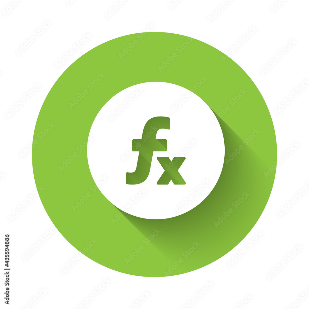 Poster white function mathematical symbol icon isolated with long shadow. green circle button. vector