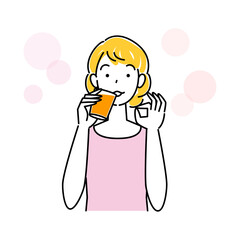 熱中症対策 水分補給の為にオレンジジュースを飲んでいる可愛い女性 イラスト シンプル ベクター