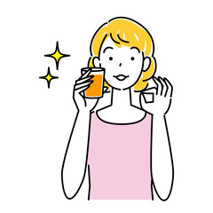 熱中症対策 水分補給の為にオレンジジュースを飲んでいる可愛い女性 イラスト シンプル ベクター