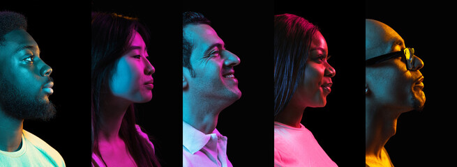 Portrait of group of people on black background in multicolored neon light, collage.
