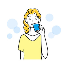 熱中症対策 水分補給をしている可愛い女性 イラスト シンプル ベクター
