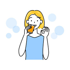熱中症対策 水分補給の為にオレンジジュースを飲んでいる可愛い女性 イラスト シンプル ベクター
Heat stroke prevention. A pretty woman drinking orange juice to stay hydrated. Simple illustration. vector.