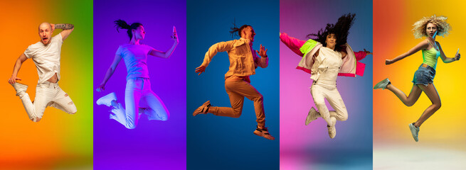 Portrait of group of people on multicolored background in neon light, collage.