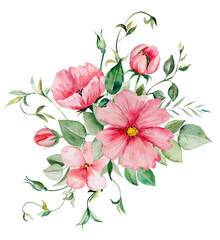 Watercolor pink flowers and green leaves bouquet illustration