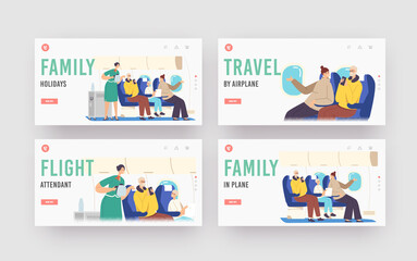 Family Holidays Landing Page Template Set. Flight Attendant Serving Passengers in Airplane Salon. Stewardess in Uniform