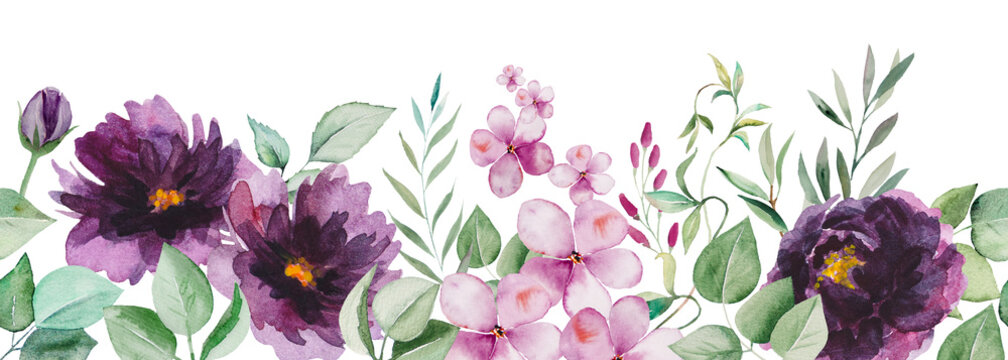 Watercolor Purple Flowers And Green Leaves Seamless Border Illustration