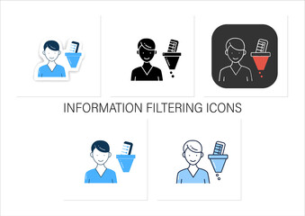 Information filtering system icons set. Filtering information, searching for truthful info. Collection of icons in linear, filled, color styles. Isolated vector illustrations