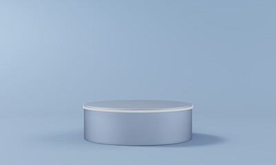 Single pedestal in the shape of a cylinder with a light rim on a blank background in blue pastel colors. Studio lighting. 3d render.