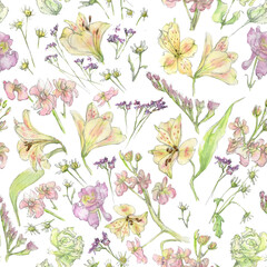 Watercolor seamless pattern with pastel pink, yellow drawn by hand in a sketch style on a white background. Flower composition