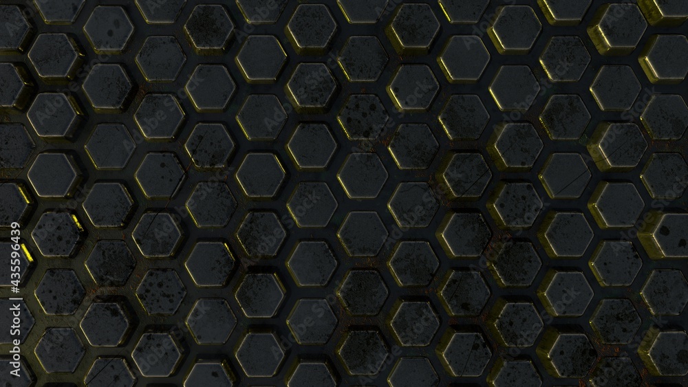 Fototapete abstract 3d background from metal hexagons with slight rust and relief. desktop wallpaper. rendering