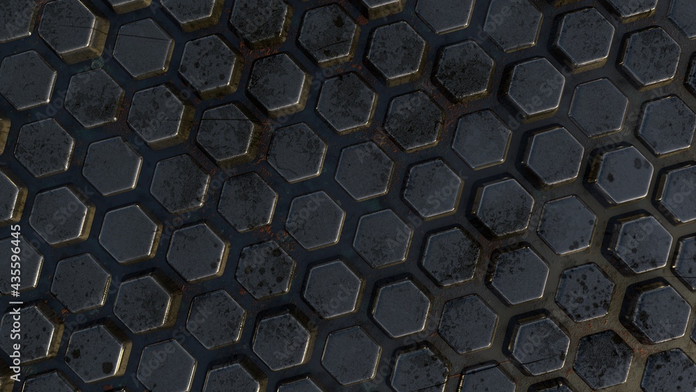 Fototapete abstract 3d background from metal hexagons with slight rust and relief. desktop wallpaper. rendering