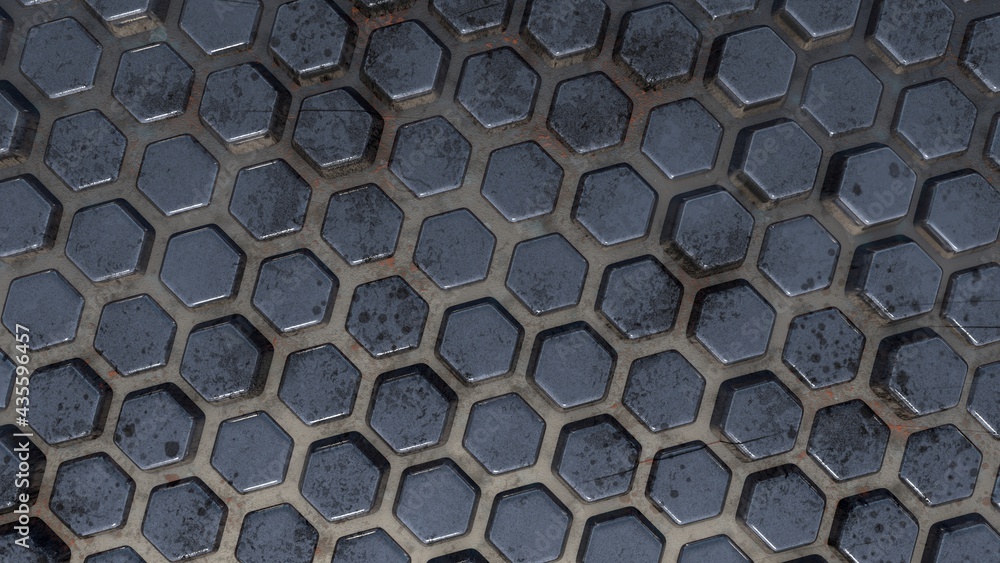 Poster abstract 3d background from metal hexagons with slight rust and relief. desktop wallpaper. rendering