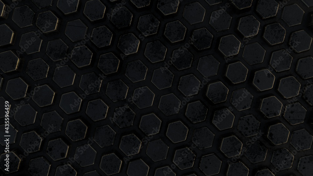 Fototapete abstract 3d background from metal hexagons with slight rust and relief. desktop wallpaper. rendering