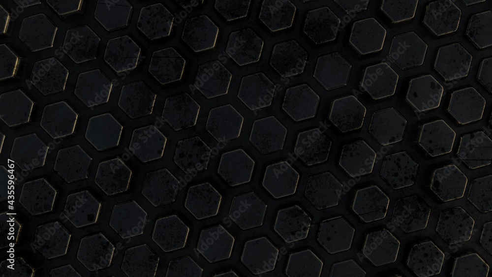Fototapete abstract 3d background from metal hexagons with slight rust and relief. desktop wallpaper. rendering
