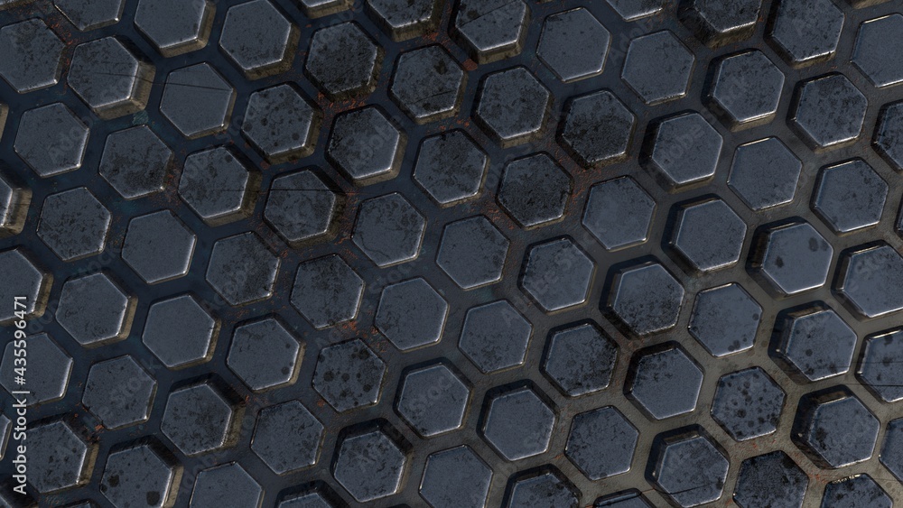 Fototapete abstract 3d background from metal hexagons with slight rust and relief. desktop wallpaper. rendering