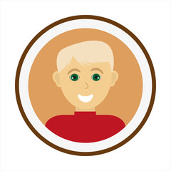 Smiling boy face with fair hair and wearing red turtleneck sweater. Male face. Man avatar. Handsome man portrait. Isolated flat vector illustration.