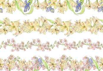 Decorative set of seamless stripes of watercolor pastel pink, yellow and purple flowers, green leaves drawn by hand. Illustration in sketch style on a white background.