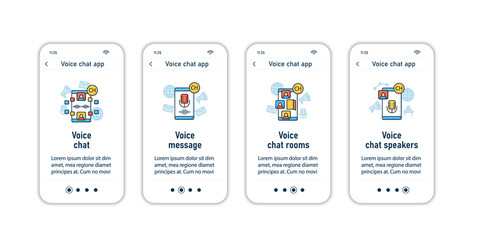 Drop in audio app onboarding mobile app screens. Application rules steps menu. Voice chat and message, rooms, speakers. Set of UI, UX, web template with RGB color linear icons