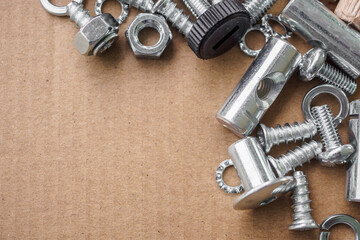 Fototapeta na wymiar Assembly furniture tool kit with screw dowel wrench and bolt
