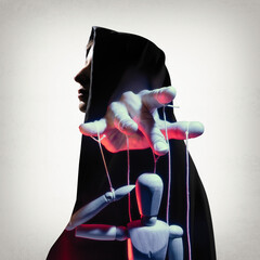 Multi exposure image. Silhouette of woman in cloak and marionette on the string. Concept of control. - obrazy, fototapety, plakaty
