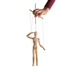 The human hand with marionette on the strings. Concept of control. On white.