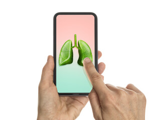 Hand touches a lungs on a smartphone screen. Online consultation, medical test results.
